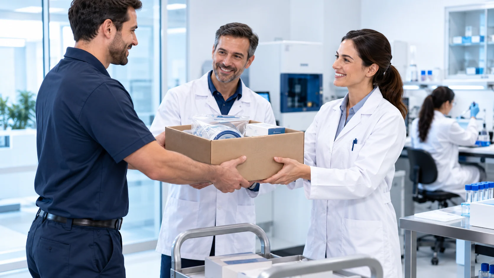 Equipo médico y científico recibiendo equipamiento para su laboratorio
