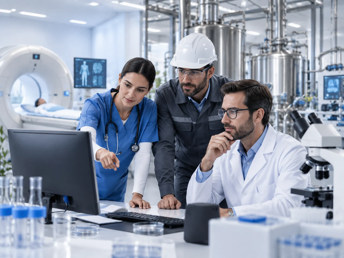 Equipo multidisciplinario revisando soluciones científicas y médicas